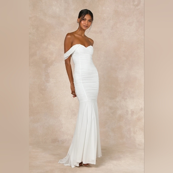 Lulus Divinely Romantic White Mesh Off-the-Shoulder Mermaid Maxi Dress Wedding - Picture 3 of 9
